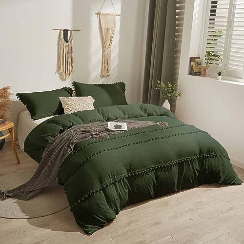 Etdiffe Olive Green Duvet Cover Queen Size Pom Pom, 3 Piece Boho Bohemian Farmhouse Microfiber Comforter Cover Set, Soft And Lightweight Cute Chic Quilt Cover #TOP1