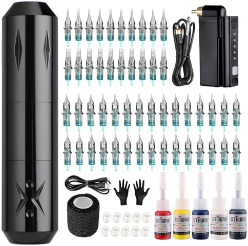 STIGMA Wireless Tattoo Gun Tattoo Kit Complete with 50pcs Tattoo Cartridge Needles 1500mAh Tattoo Battery 5 Colors Ink Set with Accessories STP29KITP199-1