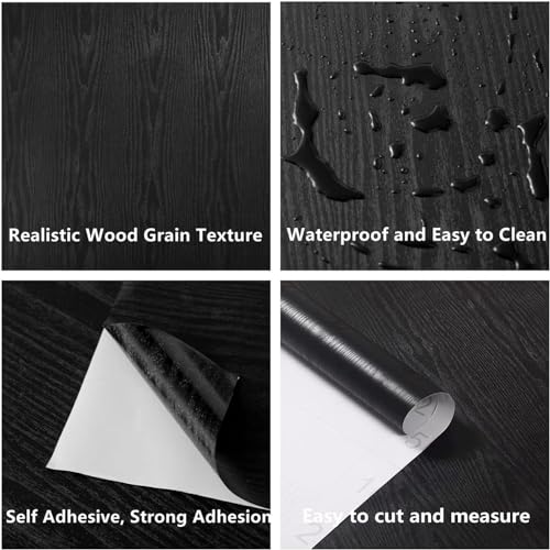 Image of CREON Black Wood Grain Contact Paper Peel and Stick Wooden Look Self-Adhesive Wallpaper for Cabinets Countertops Shelf (Black Wood, 12X50 in)