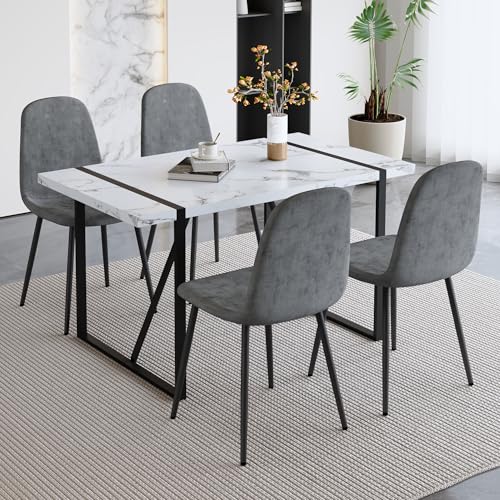 UELKS Dining Table Set for 4，Dinner Table Set for 4，55'' Kitchen Table and PU Leather Chairs Set of 4, 5 Piece Dining Table Set for Kitchen Dining Room