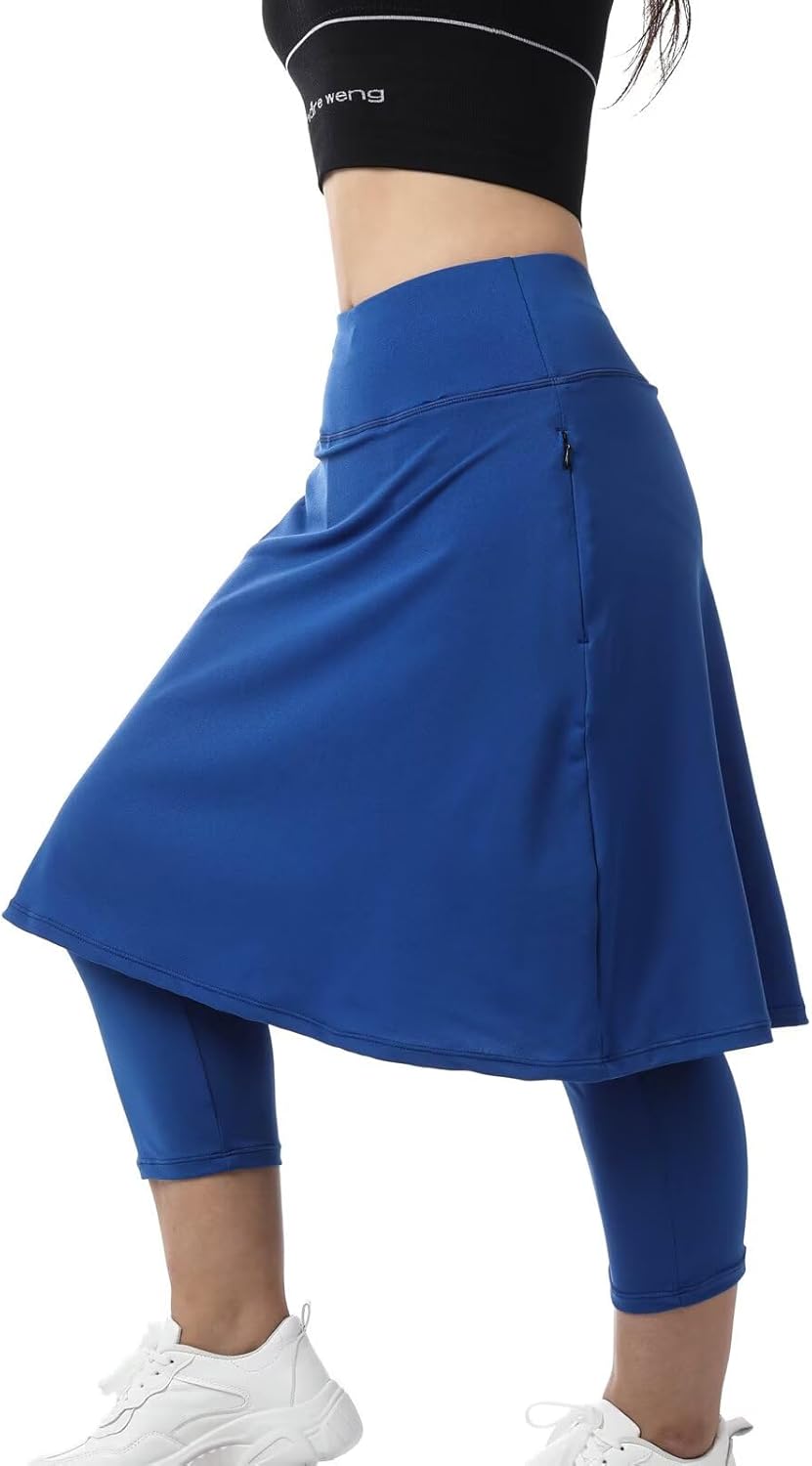 Womens Midi Knee-Length Skirt with Built-in Skorts Hidden Drawstring Zippered Pockets Appropriate for Working Casual Office