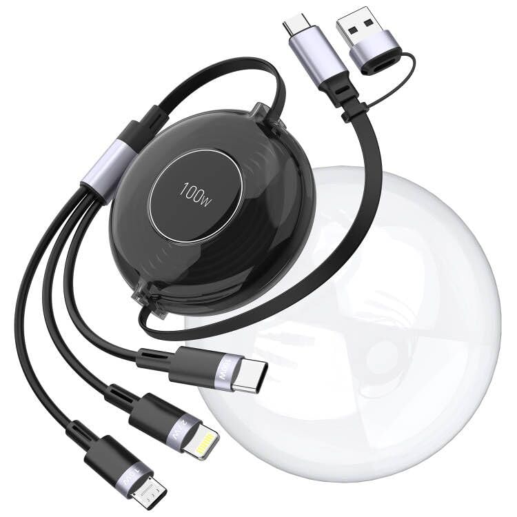 Câble de charge multifonction 3 en 1 rétractable USB C universel pour iPhone 100 W 100 W + Lightning 27 W + cordon de charge micro USB pour iPhone 15, 14, Samsung, Pad, Kindle - Noir