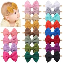 yoyokid 20 PCS Baby Girl Bow Headbands, 4 Inch Soft Newborn Headbands | Elastic Nylon baby bows 0-6 months Hair Accessories for Newborn Infant Toddler and Little Girls