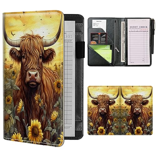 Server Books for Waitress Waiter with Zipper Pocket, Highland Cattle Leather Server Pads (5