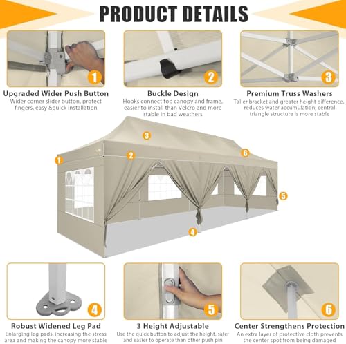 Image of HOTEEL Tents for Parties 10x30 Pop Up Canopy Tent Heavy Duty with 8 Sidewalls, Commercial Party Tent Event Wedding Instant Canopy Waterproof with Carry Bag, UV 50+, Thicked Hexagonal Legs, Khaki