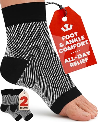 Image of KEMFORD Ankle Compression Sleeve - 1-Pair, Plantar Fasciitis Braces - Open Toe Compression Socks for Swelling, Sprain, Neuropathy, Foot Arch Support for Men and Women - 20-30mmhg, L, Black and White