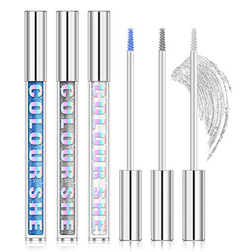 3 Colors Glitter Lash Mascara Set Silver Blue White, Sparkling Diamond Shining Clear Best Top Coat Eyelash Mascara for P