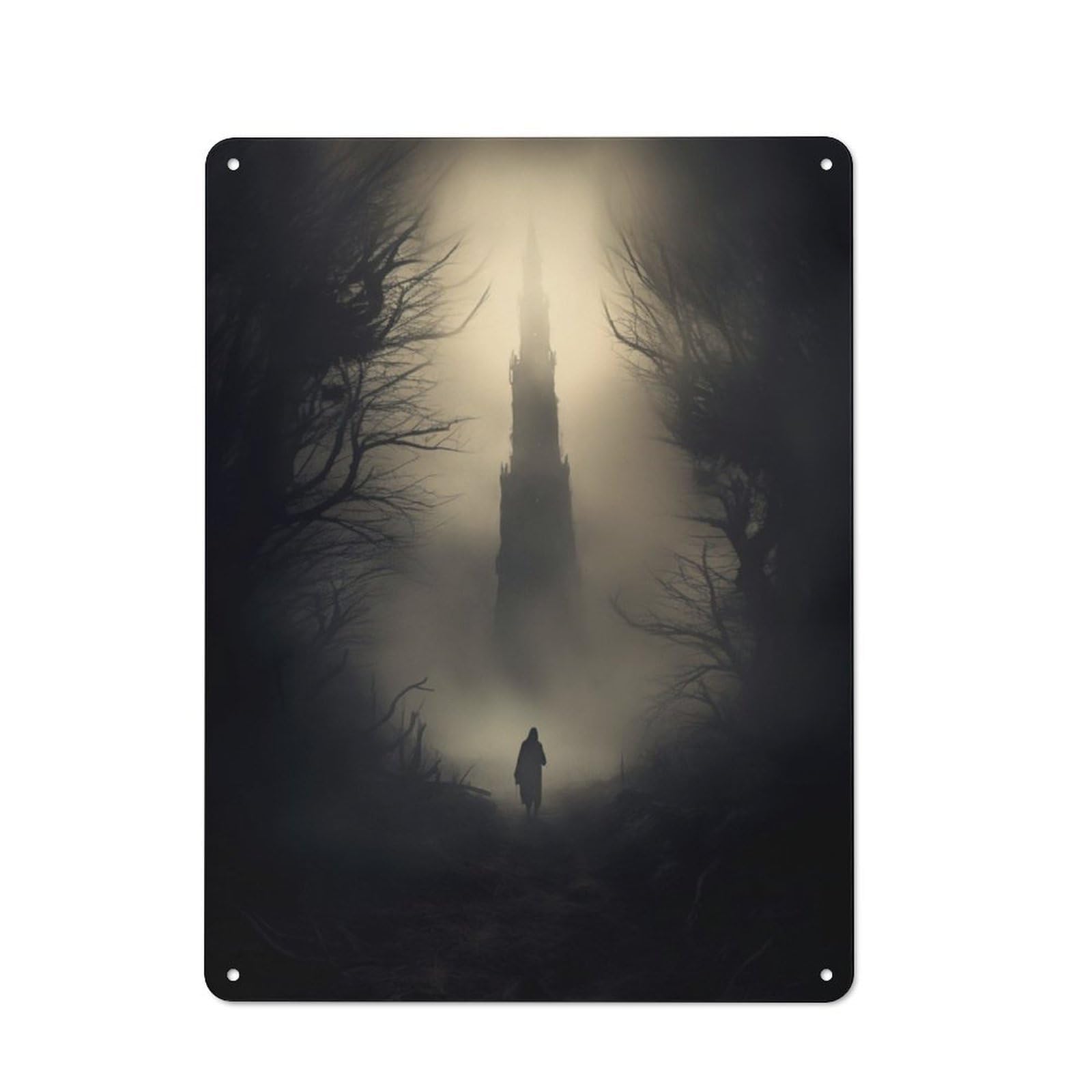 Junmoney Mysterious Tower In Fog Rustic Metal Wall Sign 40X30cm For Café Or Restaurant, Gift Idea At Christmas For Café Owners And Decorators