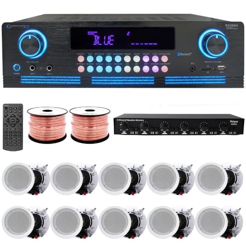 Vaiyer Home Audio Sound System Kit - 2000 W Bluetooth Amplifier w/ 10 Qty of 6.5" Framed Ceiling Speakers 200 W Each, 6-Ch Speaker Selector w/Volume Control, 500 ft Speaker Wire & Remote