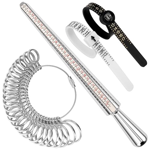 TUNQISM 4 Pcs Ring Sizer Measuring Tool Kit, Ring Mandrel Measurer, 27 PCS Premium Steel Measuring Ring Tool, US Ring Size 0-13, 2 PCS Reusable Finger Size 1-17 USA Rings Size with Magnified Glass