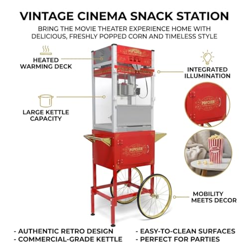 Image of Commercial Popcorn Maker Machine - 26OZ Stainless Steel Kettle Cart, Vintage Movie Theater Style Popper for Home, Parties, Christmas & Events - Red