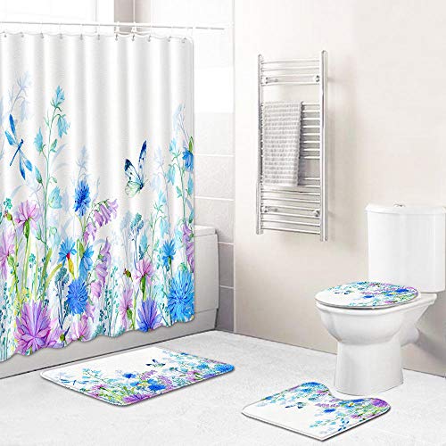 Claean-Acces-Home Wc Deckelbezug Romantisches Schmetterlingsmuster Flanell-Badematte/Toilettenkissen-Set Wohnkultur Anti-Rutsch-Toiletten-Teppich Wasserdichter Duschvorhang-Schmetterling4_45X75Cm 4St