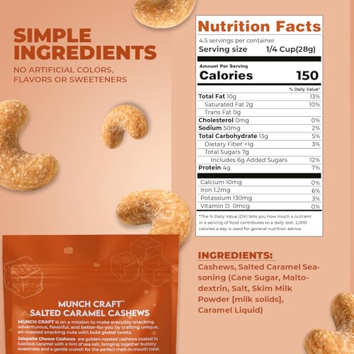 Image of Munch Craft Gourmet Salted Caramel Cashews - Perfectly Balanced Flavor (Buttery Caramel & Sea Salt) - Extra Crunchy Air-Roasted Nuts, Oil-Free - No Artificial Colors or Flavors - 4.4 oz (125g) Resealable Bag