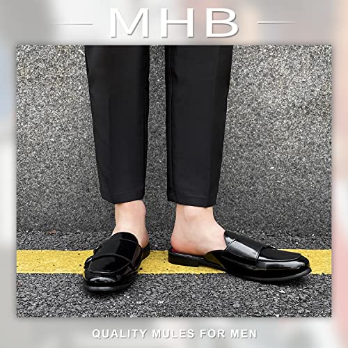 MHB Men's Mule Backless Slip-On Loafer with Monk Strap Casual Dress Sandal Shoes Patent Leather Slipper for Men Black Size 132