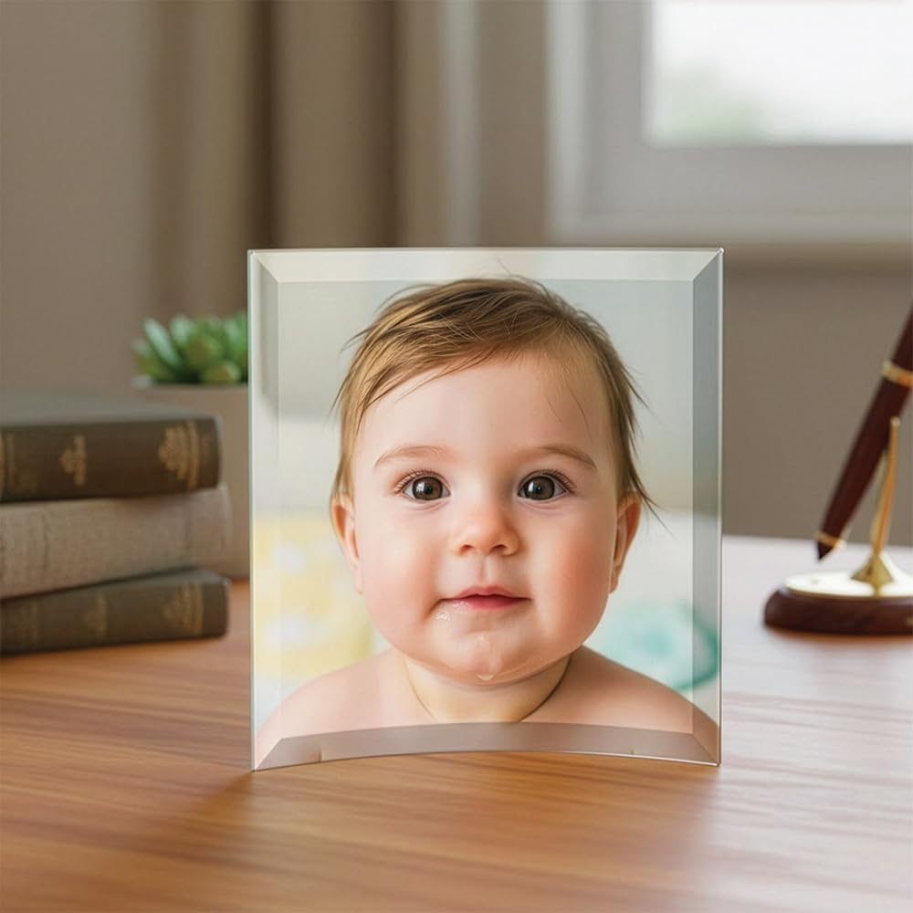 Ice Prints Frameless Curved 7"x7" Glass Photo Prints, TableTop, Self Standing| USA Made|Personalized Image Printed Directly Custom Picture On Glass, Square, Personalized Gift For Bridal Shower, Family, His,Her,Wedding