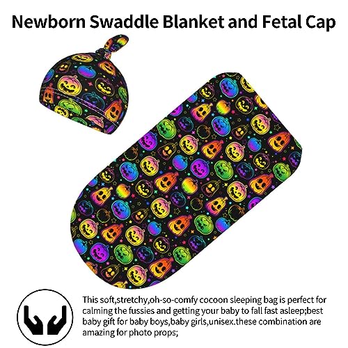 Image of Neon Pumpkin Newborn Swaddle Blanket with Hat Sets Newborn Receiving Blanket for Boy Girl Swaddle Sack Shower Infant Gift