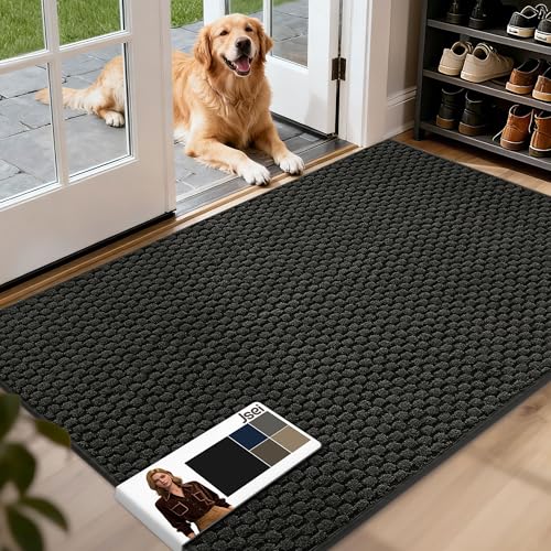 JSEI Dirt Trapper Door Mat 32"x48", Non-Slip Entryway Rugs Doormat Indoor, Washable Absorbent and Stain Resist Welcome Floor Mat for Front Door, Dog Door Mat, Muddy Wet Shoes & Paws, Dark Gr
