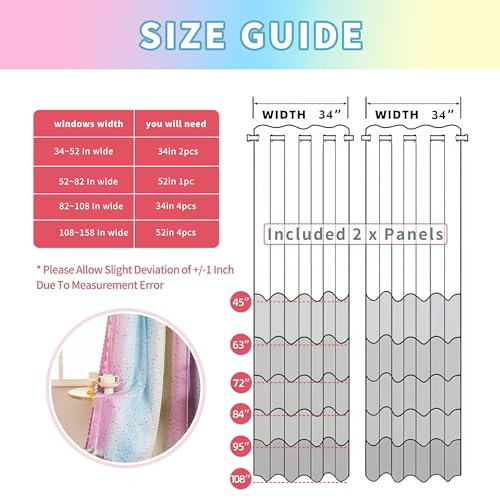 Image of 2-in-1 Double-Layer Kids & Girls Unicorn Princess Ombre Blackout Curtains with Foil Print Sheer, 2 Panels Set for Bedroom, Nursery, Living Room - Yellow Purple Blue, 34W x 63L