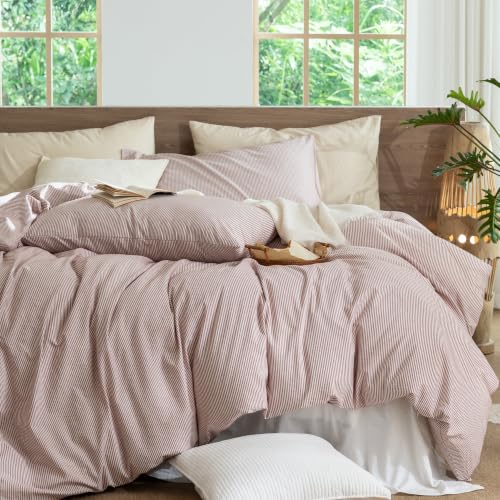 Image of MooMee Striped Duvet Cover Set 100% Washed Cotton Linen Like Queen | Relaxed Linen-like Texture. Soft, Breathable & Long-lasting Comfort. Lightweight. Hidden Zipper with 8 Interior Corner Ties
