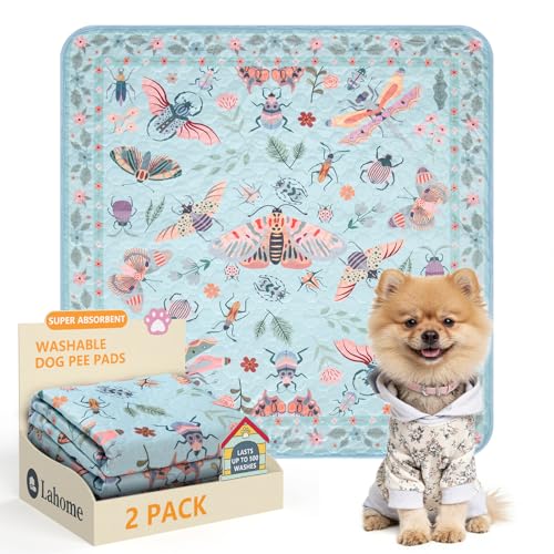 Image of Lahome Washable Reusable Pee Pads for Dogs - Blue Butterfly & Insect Print 2 Pack Puppy Pads, Super Absorbent & Waterproof Training Mats for Crate & Floor - Leakproof with Non-Slip Backing (24 inchx24 inch)