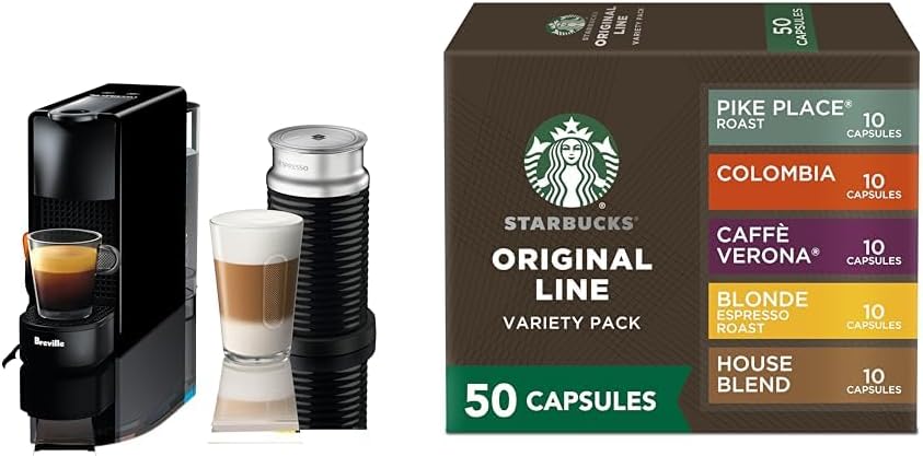 Breville Nespresso Essenza Mini Espresso Machine, with Aeroccino Milk Frother + Starbucks by Nespresso Capsules, Original Line