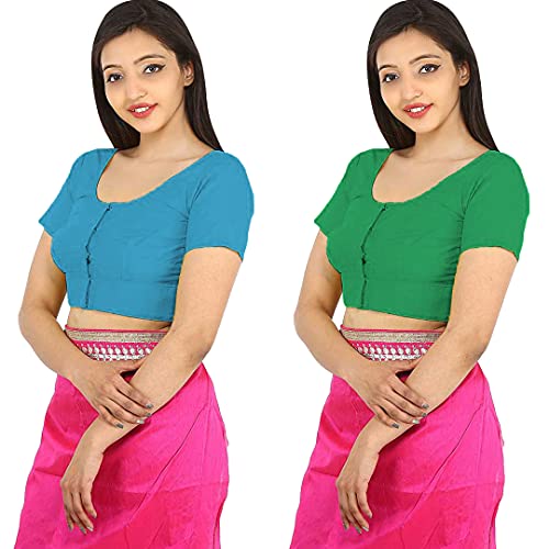 Image of Namita Women's Rubia Cotton Half Sleeve Readymade Blouse (U-COT-COM-2-CYAN-DARKGREEN-40 Cyan, Dark Green 40)