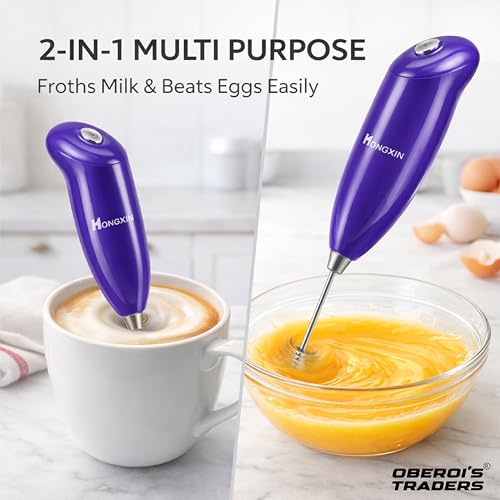 Image of OBEROI'S TRADERS Electric Milk Frother Handheld, Battery Operated Coffee Whisk Foam Maker with Stainless Steel Beater for Latte, Cappuccino, Hot Chocolate & Egg Beating