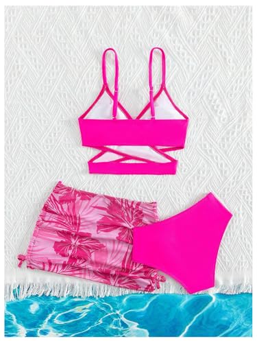 SHENHE Girl's 3 Piece Swimsuits Wrap Criss Cross High Waisted Bikini Set with Cover Up Skirt2