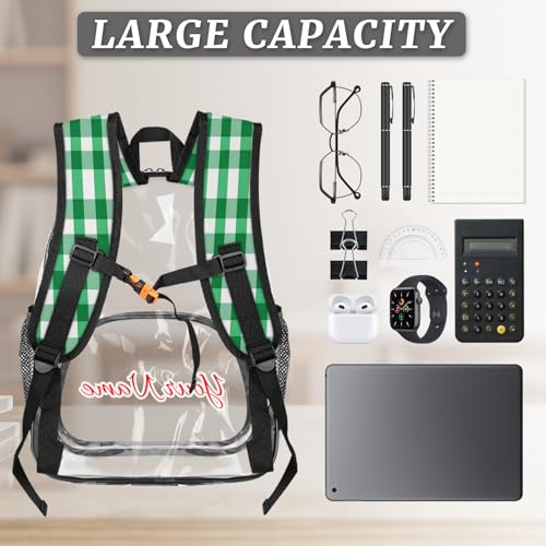 Personalized Large Clear Backpack Stadium Approved Heavy Duty PVC Plastic Custom Green and White Checkered Transparent Backpacks See Through Bag with Name, Plaid Design3