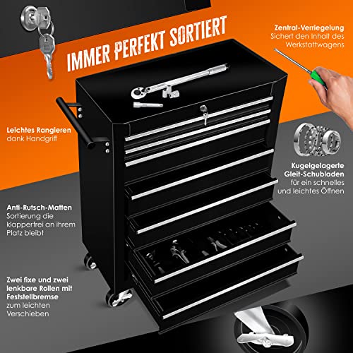 Masko® Werkstattwagen - 7 Schubladen, schwarz,Abschließbar,Massives Metall | Mobiler Werkzeug-Wagen ohne Werkzeug | Profi Werkstatt-unbestückt| Rollwagen zur Werkzeugaufbewahrung mit Schloss – Bild 4