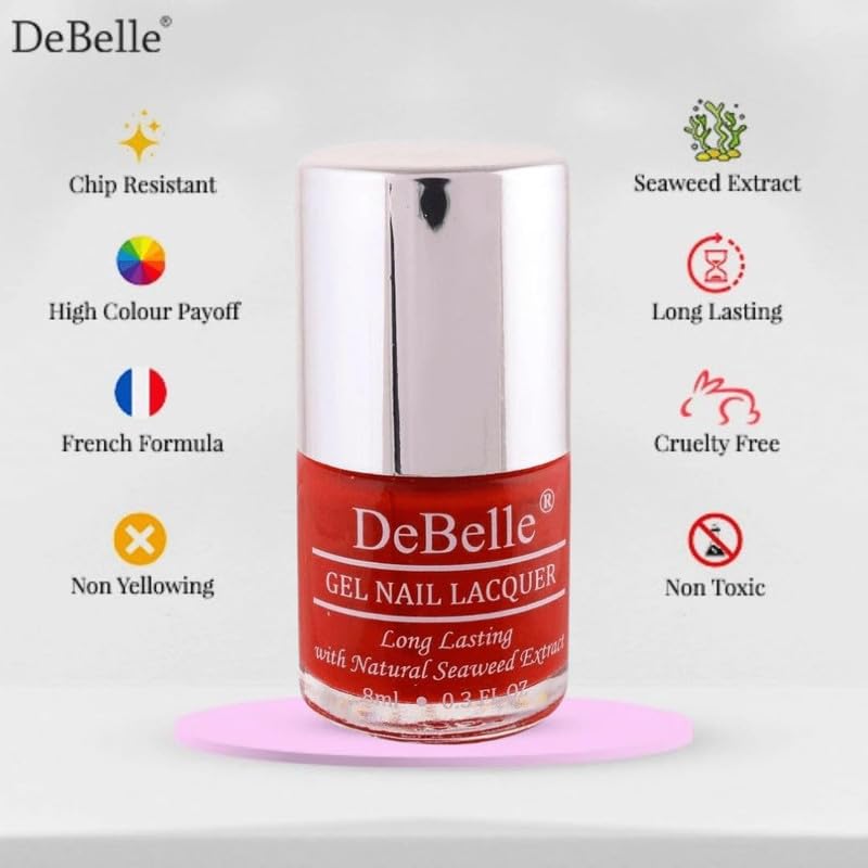Image of DeBelle Gel Nail Polish Moulin Rouge (Maroon Nail Paint)|Non UV - Gel Finish |Chip Resistant | Seaweed Enriched Formula| Long Lasting|Cruelty and Toxic Free| 8ml
