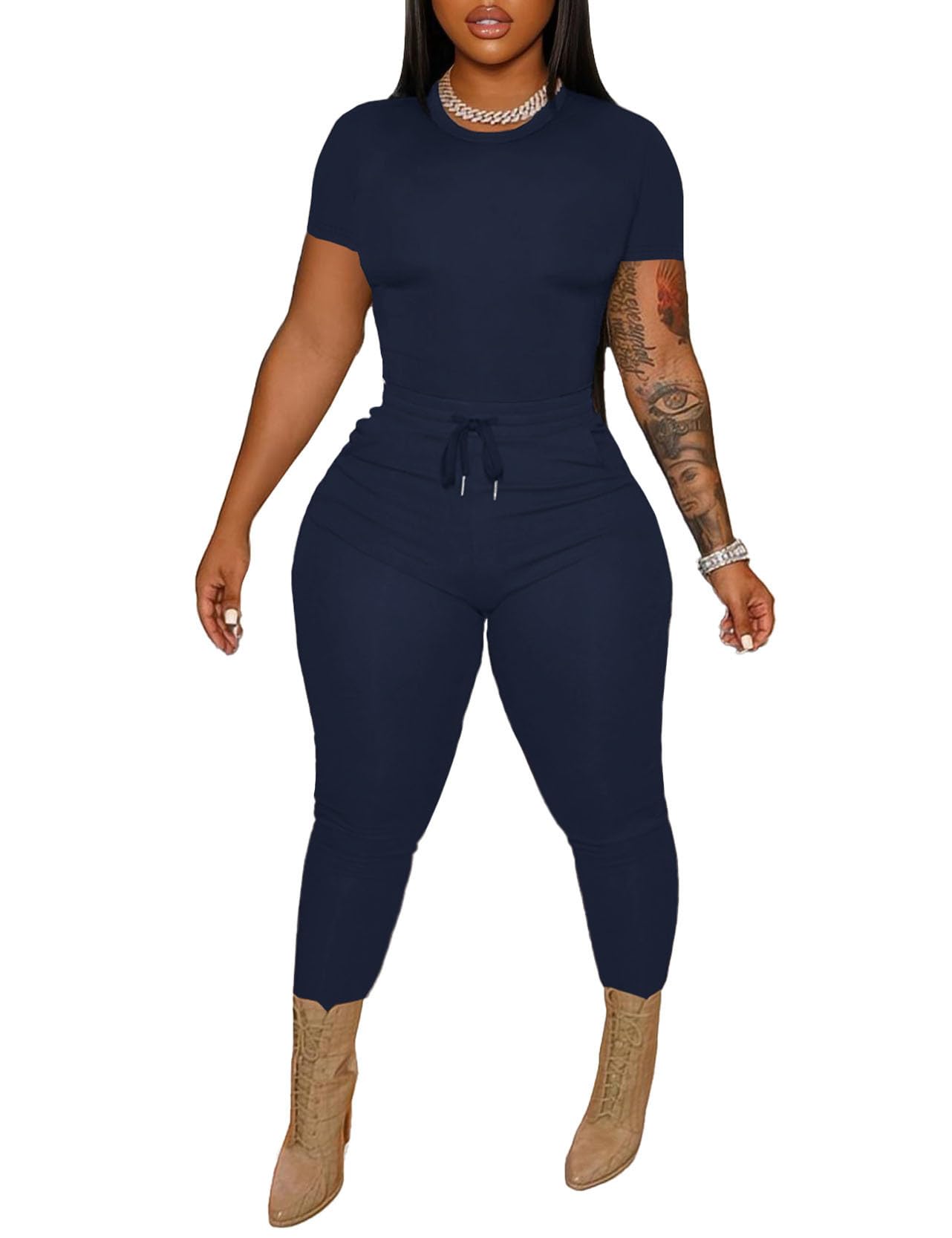 HBQ Women 2 Piece Outfits Sweatsuits Track Suits Crop Tops Biker Long Pants Workout Jogger Sets