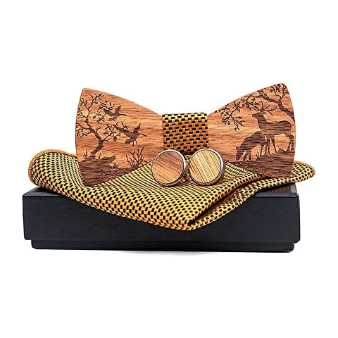 GIVBRO Elk Patterned Wooden Bow Tie Pocket Square Handkerchief Cufflinks with Box for Men Wedding Party Dress Up Golden Cover