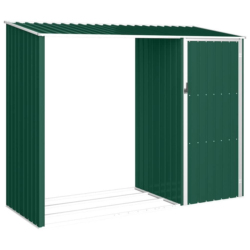 Domek ogrodowy 2 w 1 zielony 245 x 98 x 159 cm ze stali ocynkowanej, szopa zewnętrzna drewniana z stojakiem na drewno opałowe, narzędzia i meble ogrodowe
