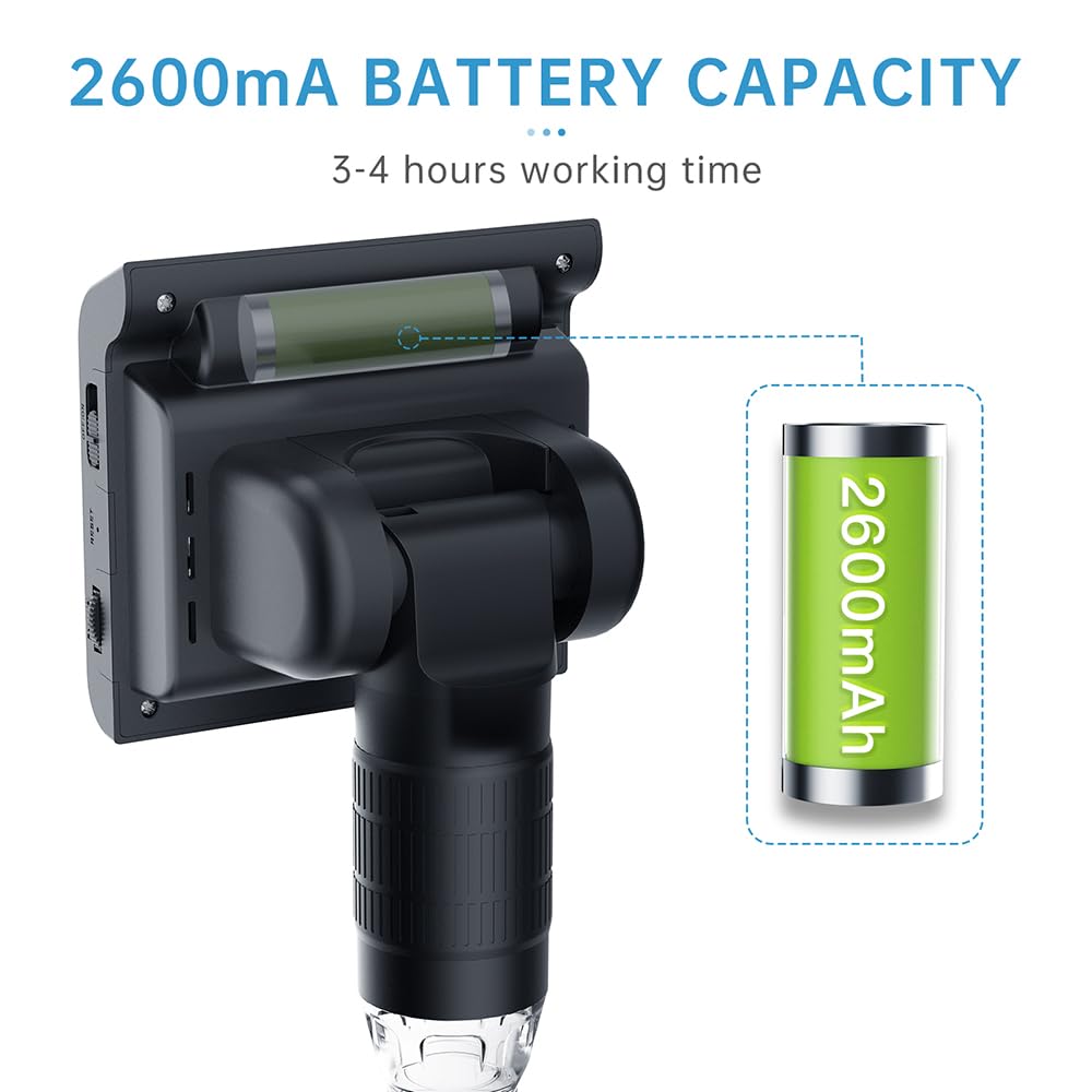 HUIOP Mikroskop cyfrowy o wysokiej przejrzystości 1080P z 2,4-calowym kolorowym wyświetlaczem LCD, 1-1000x ciągły zoom, ekran obrotowy 180 stopni, 8 regulowanych diod LED, przechowywanie na karcie TF,