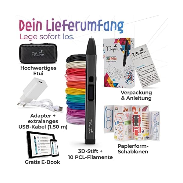 Stylo 3D premium avec 10 filaments et étui (noir) | Stylos 3D pour enfants et adultes avec modèles | Kit de bricolage | Stylo 3D pour débutants et professionnels | Kit de bricolage – Image 3