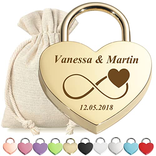 Liebesschloss Vorhängeschloss Gold mit personalisierter Wunschgravur - Motiv Unendlichkeit - Geschenkbeutel - passend zur Hochzeit, Jahrestag, Valentinstag - Paar-Geschenk - Mann, Frau Liebesschloss Vorhängeschloss Gold mit personalisierter Wunschgravur - Motiv Unendlichkeit - Geschenkbeutel - passend zur Hochzeit, Jahrestag, Valentinstag - Paar-Geschenk - Mann, Frau