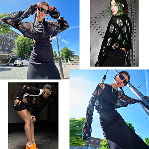 Ypser Women's Y2K Patchwork Crochet Shrug Sweater Open Front Long Sleeve Knitted Bolero Top2