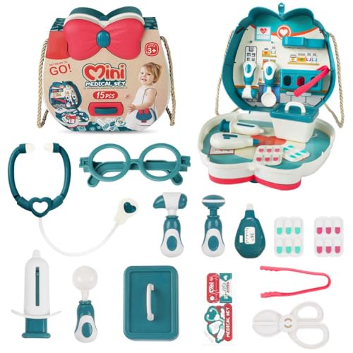 Aomig Maletin Brinquedo médico, 15 peças, brinquedo médico com estetoscópio, bolsa médica, termómetro e seringa, kit médico infantil, mala médica brinquedos crianças 3 anos de cosplay do médico, verde