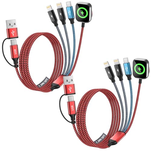 Image of Travel Essentials 4in2 Multi Charging Cable for iPhone Watch Charger,USB A /C to Dual IP /Type C /iWatch Charger,Travel Chargers for Multiple Device Compatible with iWatch &iPhone 17-12 /Android 5FT 2Pack
