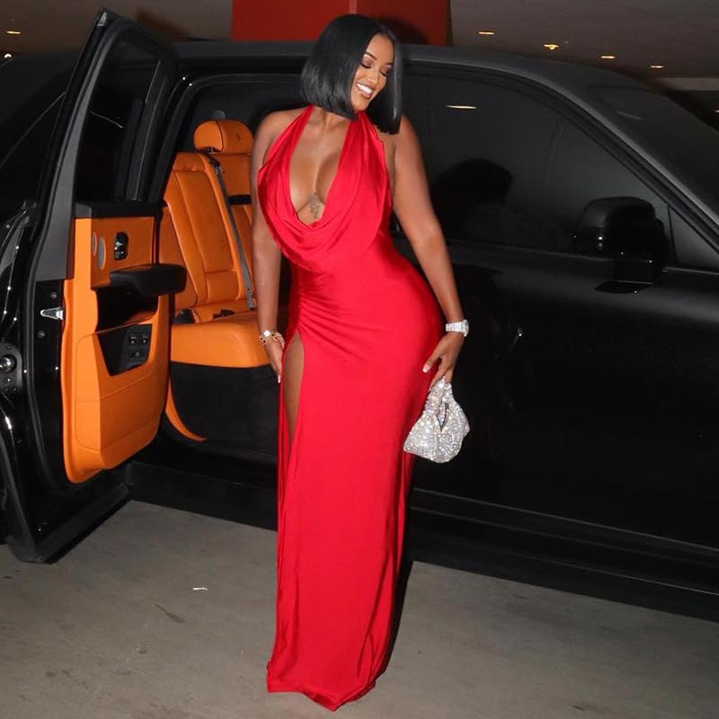 Women's Sexy Halter Sleeveless Summer Dress Backless Deep V Neck High Slit Bodycon Maxi Dresses Party Gowns Clubwear3