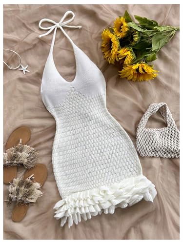 Image of GORGLITTER Women's Vacation Outfit Crochet Halter Knit Bubble Mini Dress Sexy Beach Cruise Summer Miami Resort Outfits