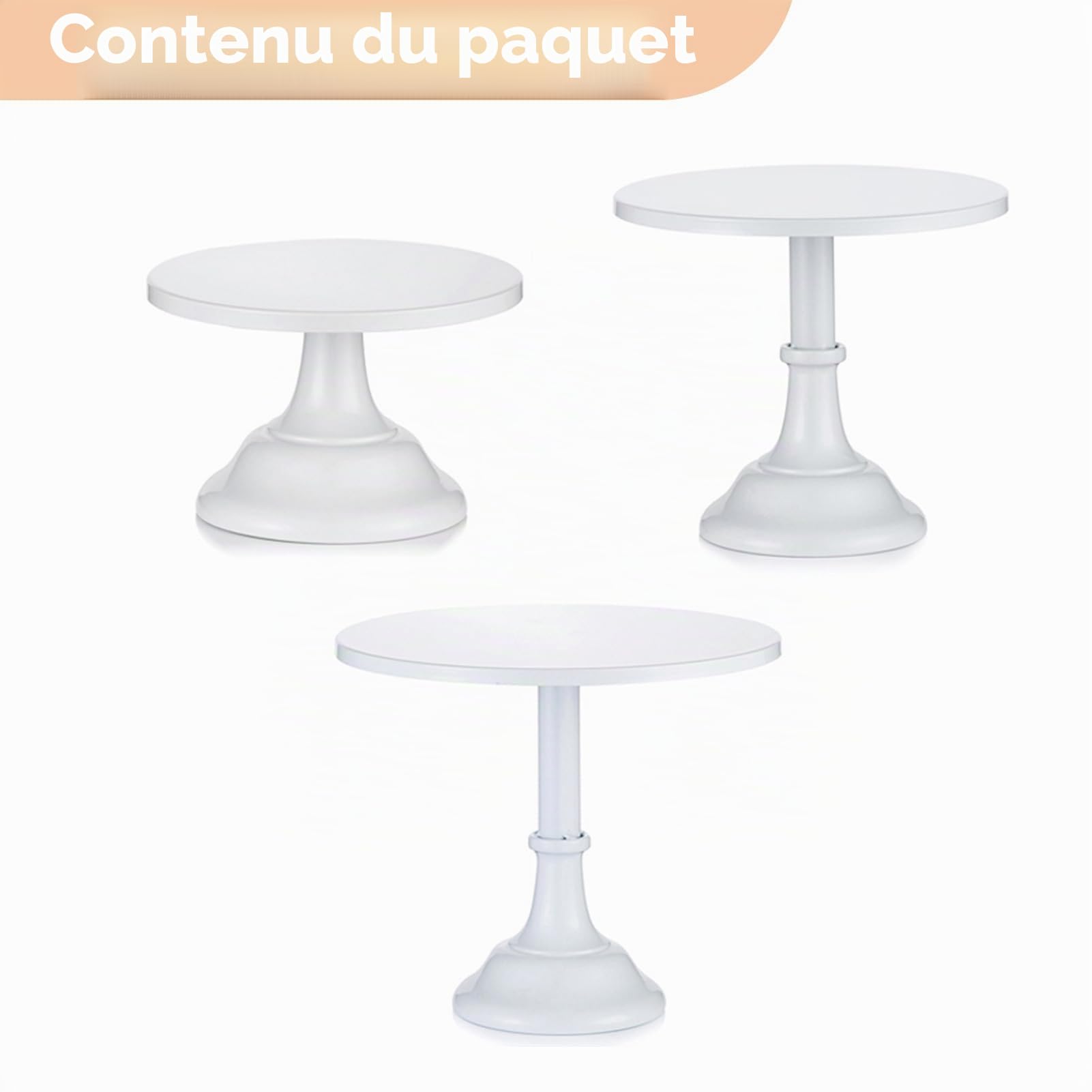 NUPTIO Présentoirs à Gâteau 3 Pièces Rond: Métal Support à Gâteau 3 Niveaux Blanc Plateaux Doré Brossé Desserts Simple Design