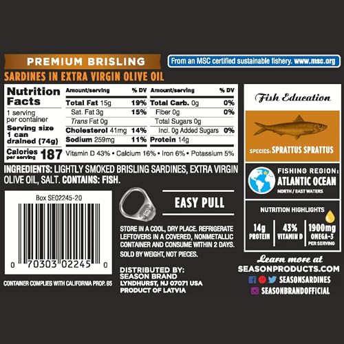 Image of Season Brisling Sardines in Extra Virgin Olive Oil, 3.75 Oz Tins, 12-Pack | Wild Caught, 13g of Protein, Keto Snacks, More Omega 3's Than Tuna, High in Calcium, Canned Sardines, Cross Packed