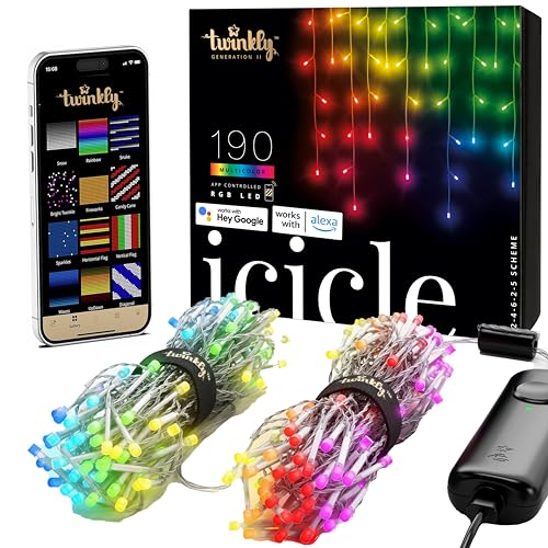 Twinkly Icicle App-Controlled LED Christmas Lights with 190 RGB (16 Million Colors) LEDs. Clear Wire. Indoor and Outdoor Smart Lighting Decoration