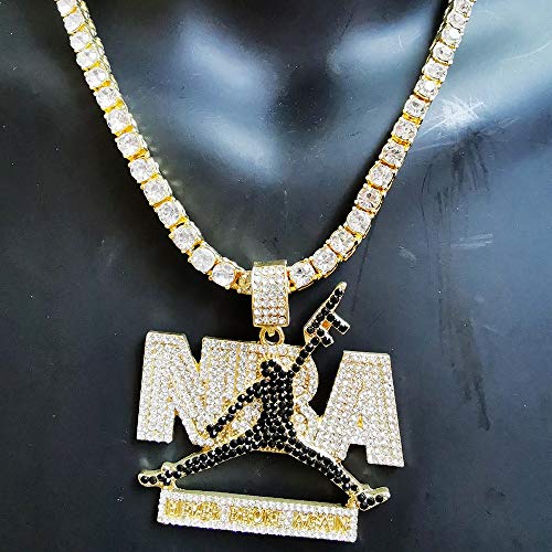 HH Bling Empire Mens Iced Out Hip Hop 14K Gold Artificial Diamond NBA Basketball Related Pendant cz Tennis Chain Necklace 22 Inch (NBA-Black)