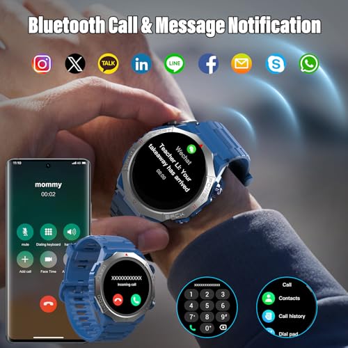 Image of Military Smart Watches for Men(Answer /Make Calls), 1.39 inchHD Fitness Watch, 24 /7 Heart Rate Sleep Monitor, Smart Watch for Men 110+ Sport Modes, 30Day, IP68 Waterproof Smartwatch for Android iOS, Blue