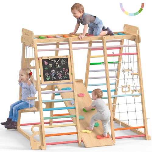 Image of BlueWood Upgraded Indoor Jungle Gym 14-in-1 Playground Kids Climbing Toys, Waldorf Style Wooden Climber Playset with Slide, Swing, Monkey Bars, Upright /Rope Ladder, Climb Net, Colorful