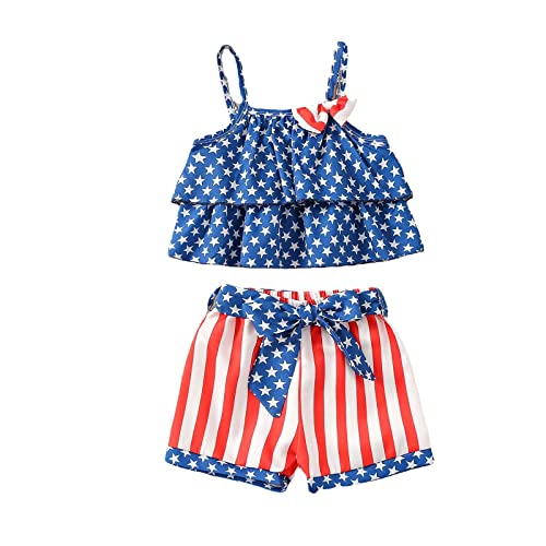 Little Girls Independence Day USA Outfits Toddler Kids 4 of July Ruffle Tank Tops Bow Shorts Baby Boys American Flag Set