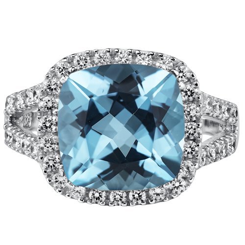Peora Swiss Blue Topaz Signature Ring For Women 925 Sterling Silver, Genuine Gemstone Birthstone, Large 6.25 Carats Cushion Cut 11Mm, Size 7 #TOP4